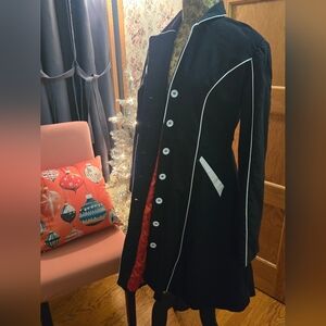 Fabulous Black Trench Coat with White Trim and Red Lining